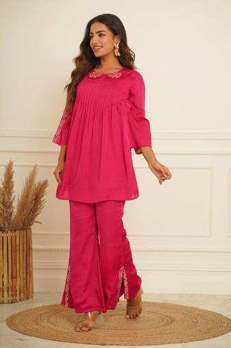 Mini silk embrodiered  pink co-ord set