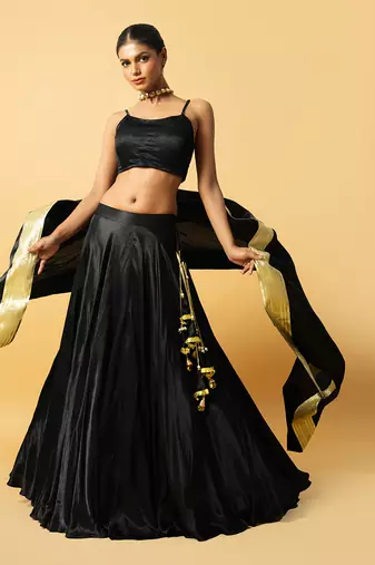 Black Modal Satin Lehenga Set