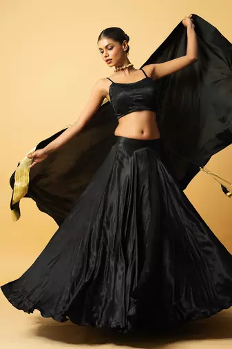 Black Modal Satin Lehenga Set