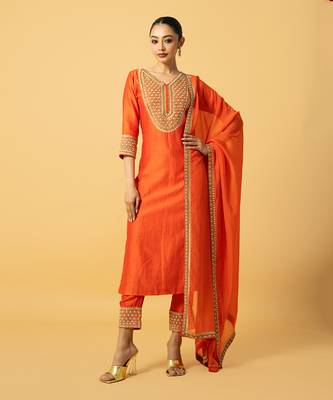 Orange chanderi silk kurta set 1