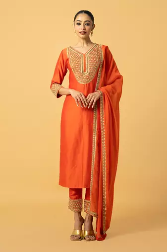 Orange chanderi silk kurta set