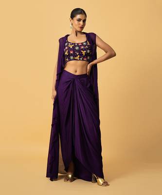 Violet hand embroidered cape set 1