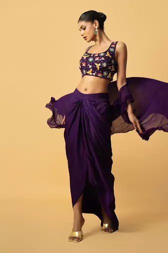 Violet hand embroidered cape set