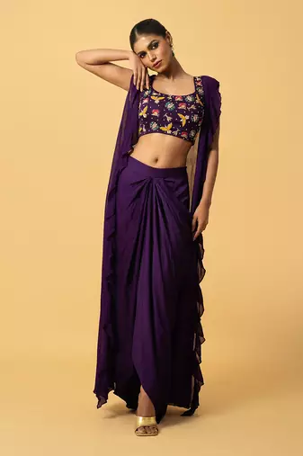 Violet hand embroidered cape set