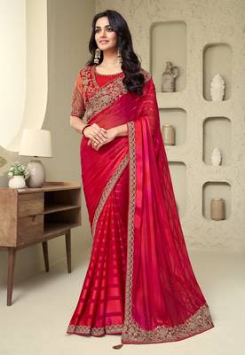 Red sequins embroidered silk pattern bridal stylish saree with embellished blouse 1