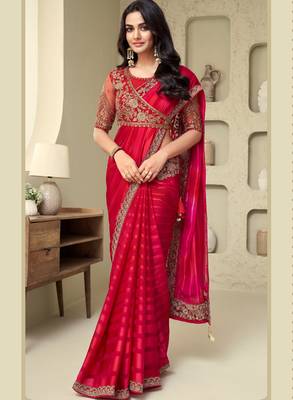 Red sequins embroidered silk pattern bridal stylish saree with embellished blouse 2