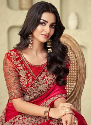 Red sequins embroidered silk pattern bridal stylish saree with embellished blouse 3