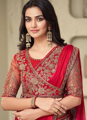 Red sequins embroidered silk pattern bridal stylish saree with embellished blouse 4