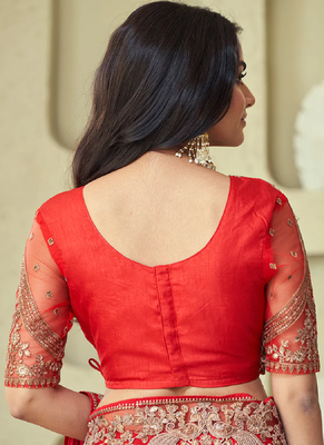 Red sequins embroidered silk pattern bridal stylish saree with embellished blouse 5