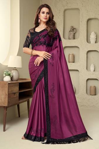 Royal purple sequins walnut silk saree with embellished blouse for wedding party festive wear