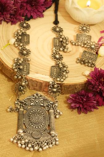 Ethnic Oxidised Silver Long Jewellery Set