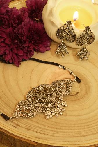 Oxidized Silver Choker Necklace Set