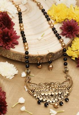 Black Beads Necklace with Gold Plated Peacock Pendant 1