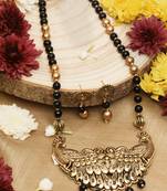 Black Beads Necklace with Gold Plated Peacock Pendant