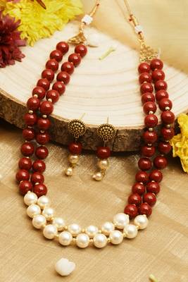 Red Beaded 2-layer Long Necklace Set 1