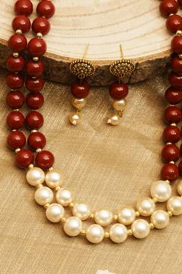 Red Beaded 2-layer Long Necklace Set 3