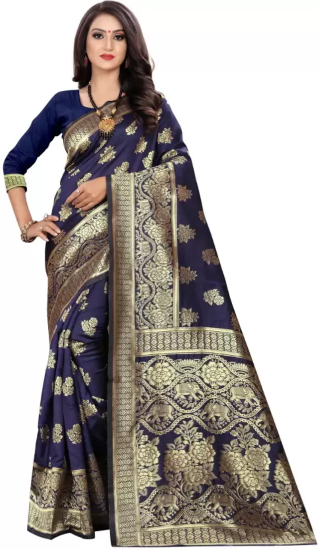 Navy Blue Banarasi Silk Saree With Handloom Weaving Work