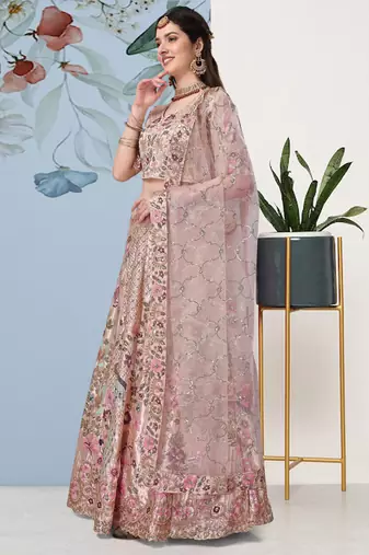 Gold and Pink Art Silk Semi Stitched Lehenga Choli with Sequin Embroidery