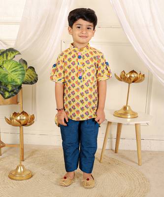 Yellow floral printed kurta pyjama set 1