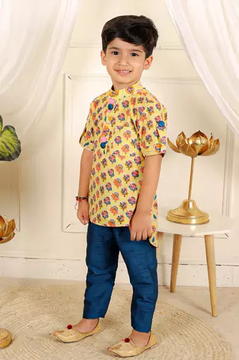 Yellow floral printed kurta pyjama set