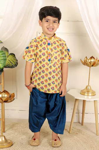 Yellow floral printed kurta pyjama set