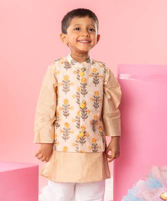 Beige embroidered kurta jacket set 4