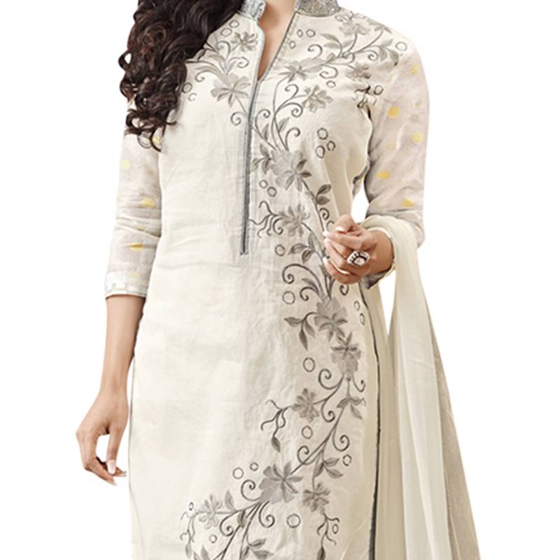 White Embroidered Faux Cotton Unstitched Salwar With Dupatta