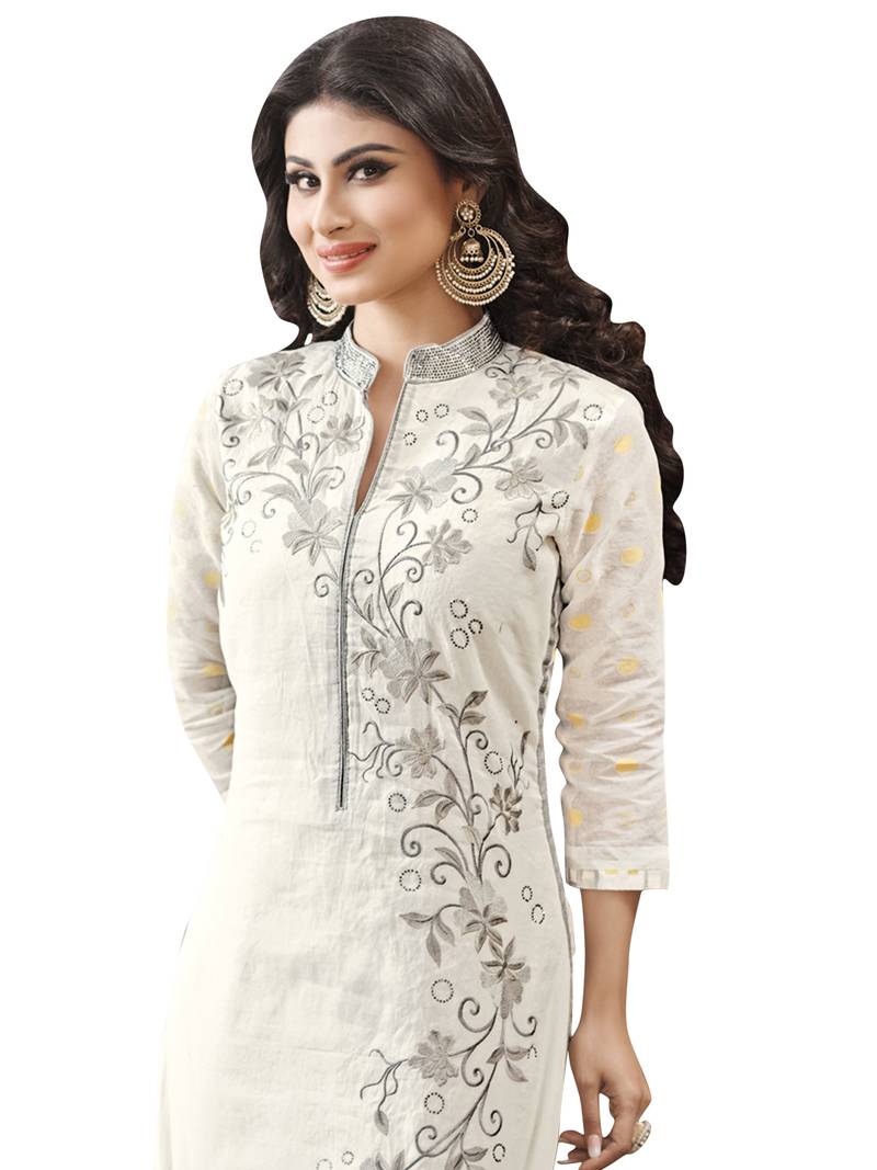 White Embroidered Faux Cotton Unstitched Salwar With Dupatta