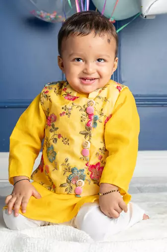 Yellow embroidered kurta jacket set