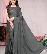 Grey chiffon madhubani print saree with unstitched blouse piece
