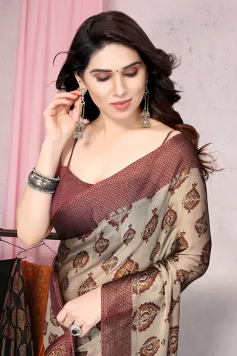 Beige Chiffon Block Print Saree With Unstitched Blouse Piece