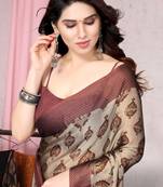 Beige Chiffon Block Print Saree With Unstitched Blouse Piece