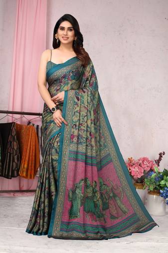 Turquoise chiffon tribal/ethnic motifs/human figures saree with unstitched blouse piece