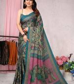 Turquoise chiffon tribal/ethnic motifs/human figures saree with unstitched blouse piece