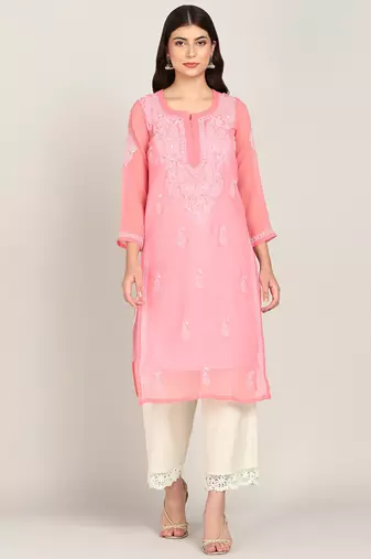 Vahson women chikan embroidery, embroidered georgette a-line kurta