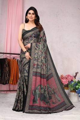 Grey melange chiffon tribal/ethnic motifs/human figures saree with unstitched blouse piece 1