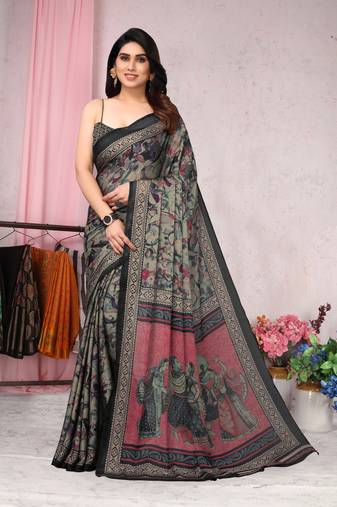 Grey melange chiffon tribal/ethnic motifs/human figures saree with unstitched blouse piece