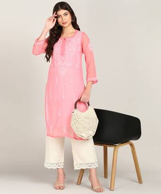 Vahson women chikan embroidery, embroidered georgette a-line kurta 1