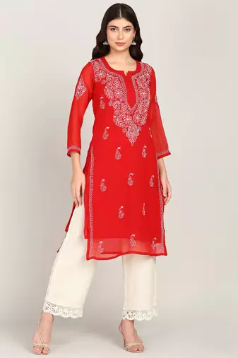 Vahson women chikan embroidery, embroidered georgette a-line kurta