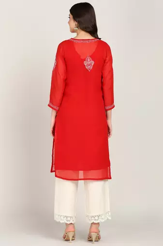 Vahson women chikan embroidery, embroidered georgette a-line kurta