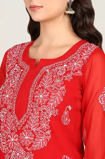 Vahson women chikan embroidery, embroidered georgette a-line kurta