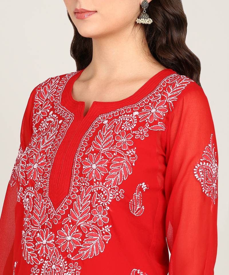 Vahson women chikan embroidery, embroidered georgette a-line kurta