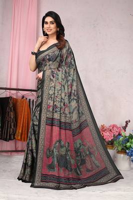 Grey melange chiffon tribal/ethnic motifs/human figures saree with unstitched blouse piece 3