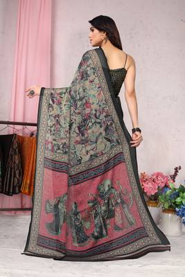 Grey melange chiffon tribal/ethnic motifs/human figures saree with unstitched blouse piece 4