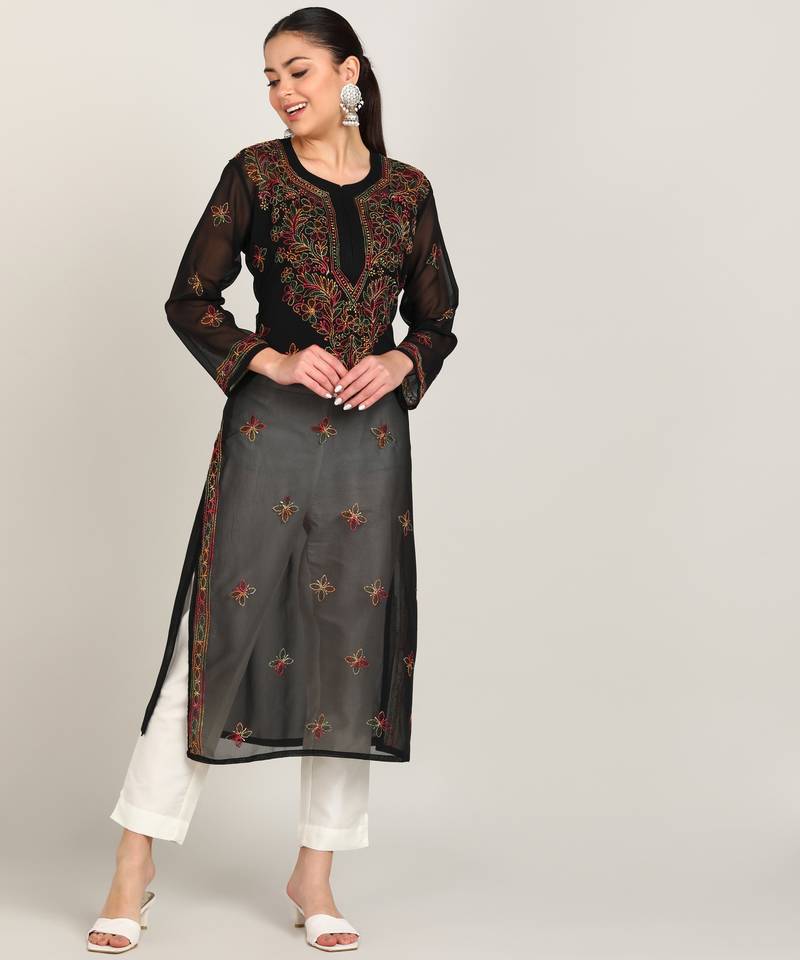 Vahson women chikan embroidery, embroidered georgette a-line kurta