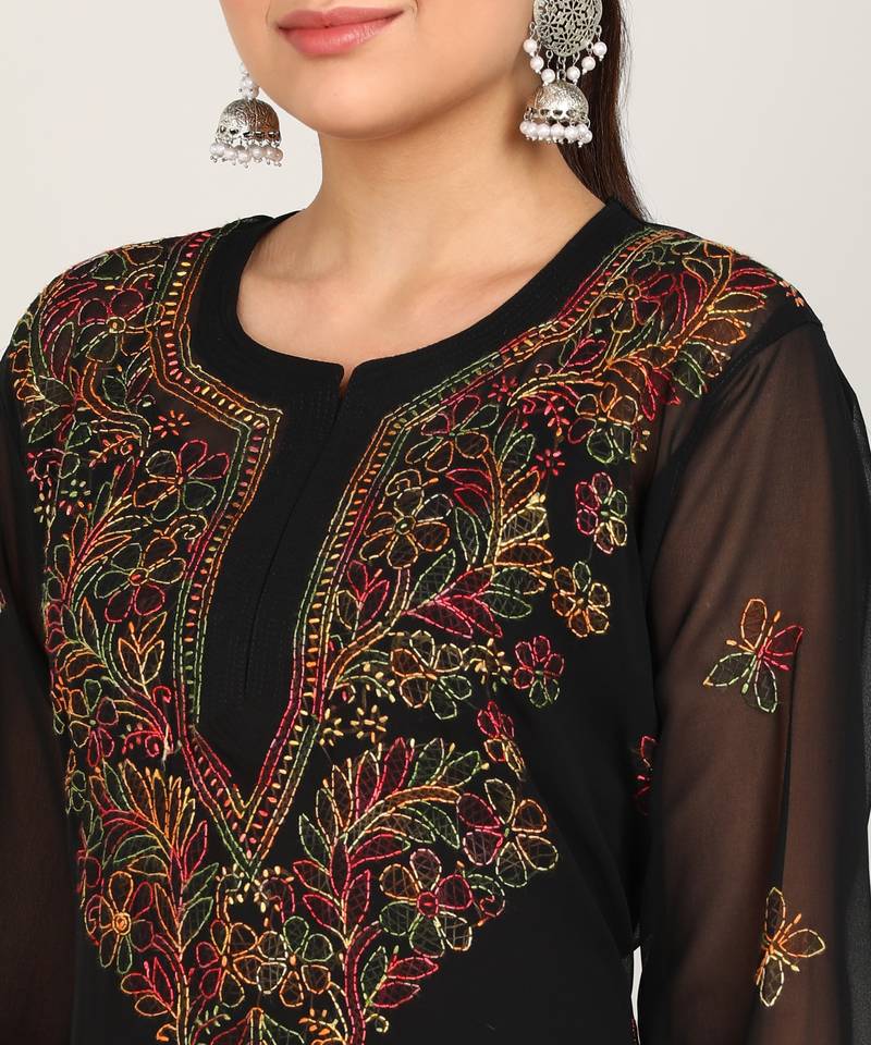 Vahson women chikan embroidery, embroidered georgette a-line kurta