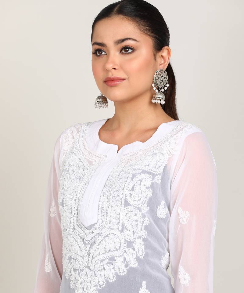 Vahson women chikan embroidery, embroidered georgette a-line kurta