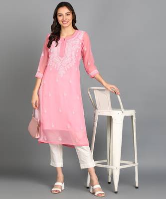 Vahson women chikan embroidery, embroidered georgette a-line kurta 1
