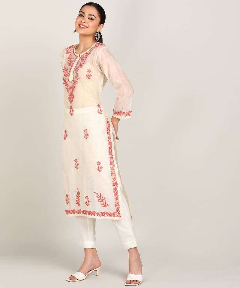 Vahson women chikan embroidery, embroidered chanderi straight kurta