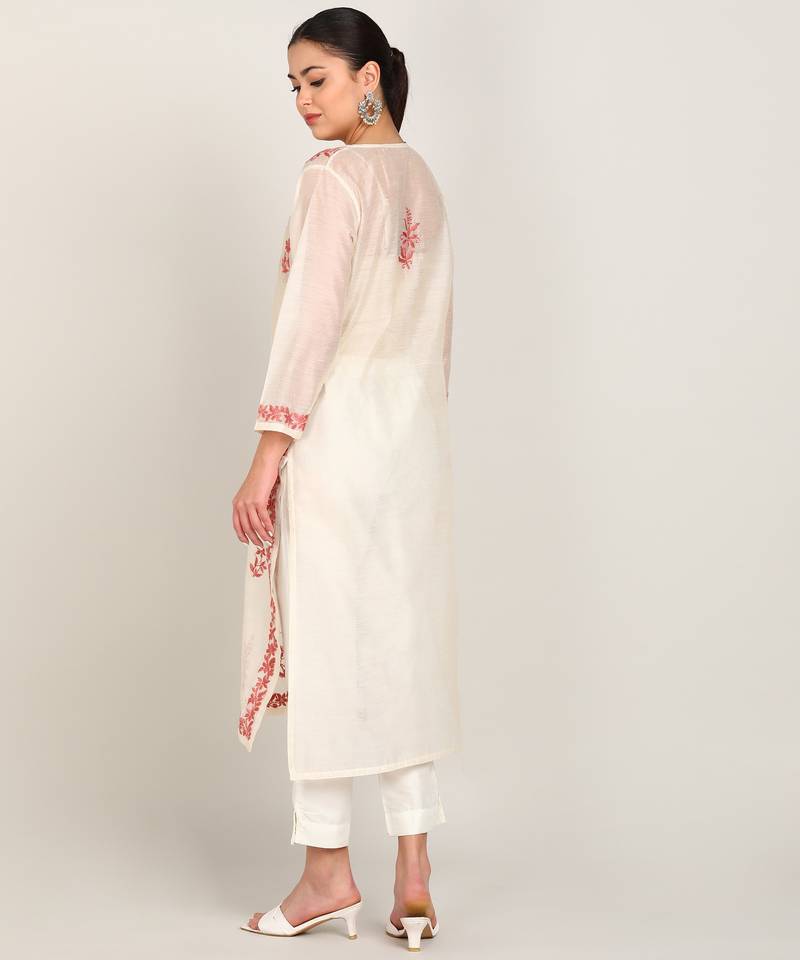 Vahson women chikan embroidery, embroidered chanderi straight kurta